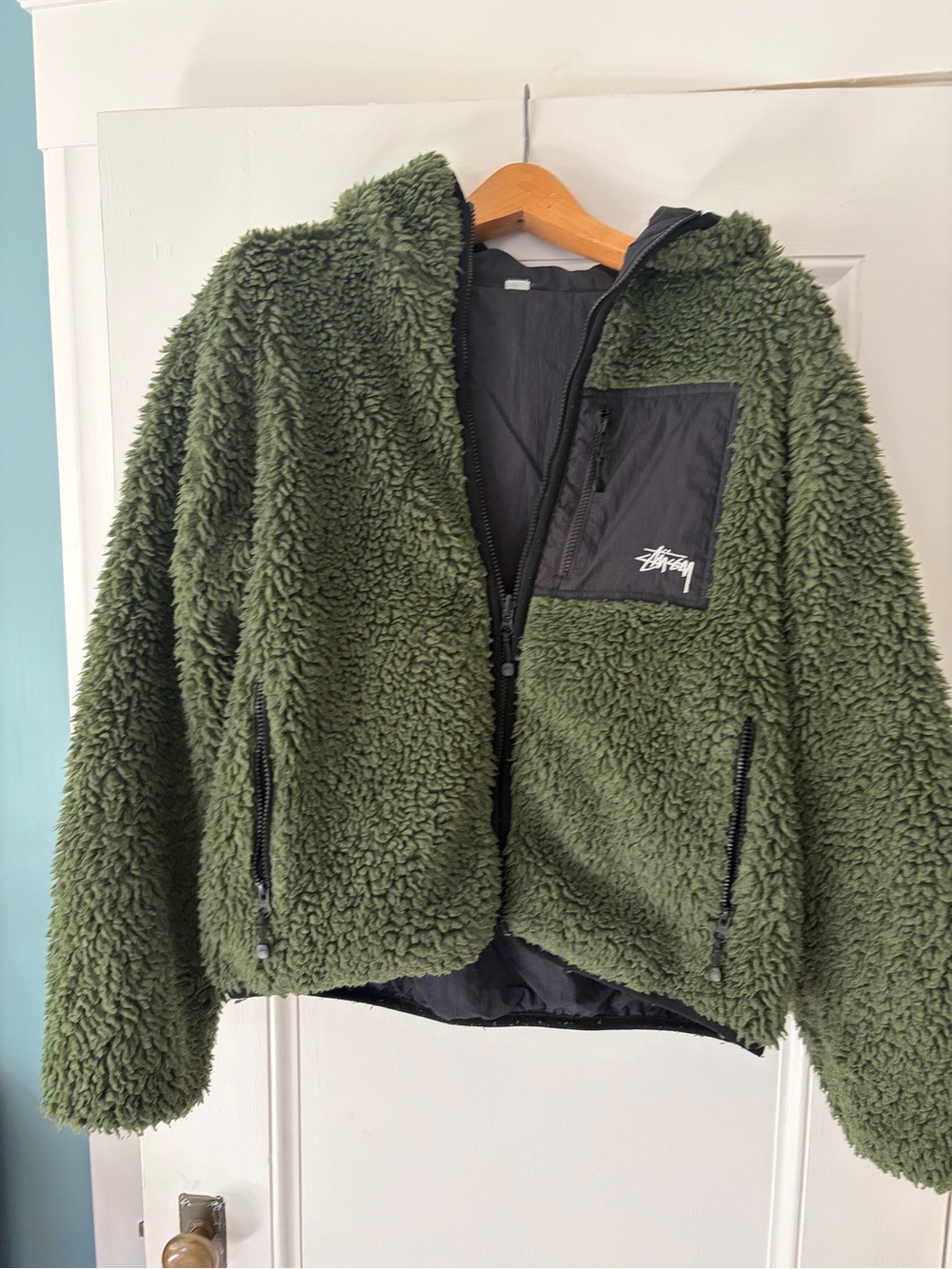 Stussy Olive Green Sherpa Puffer Jacket for Men Reversible Medium